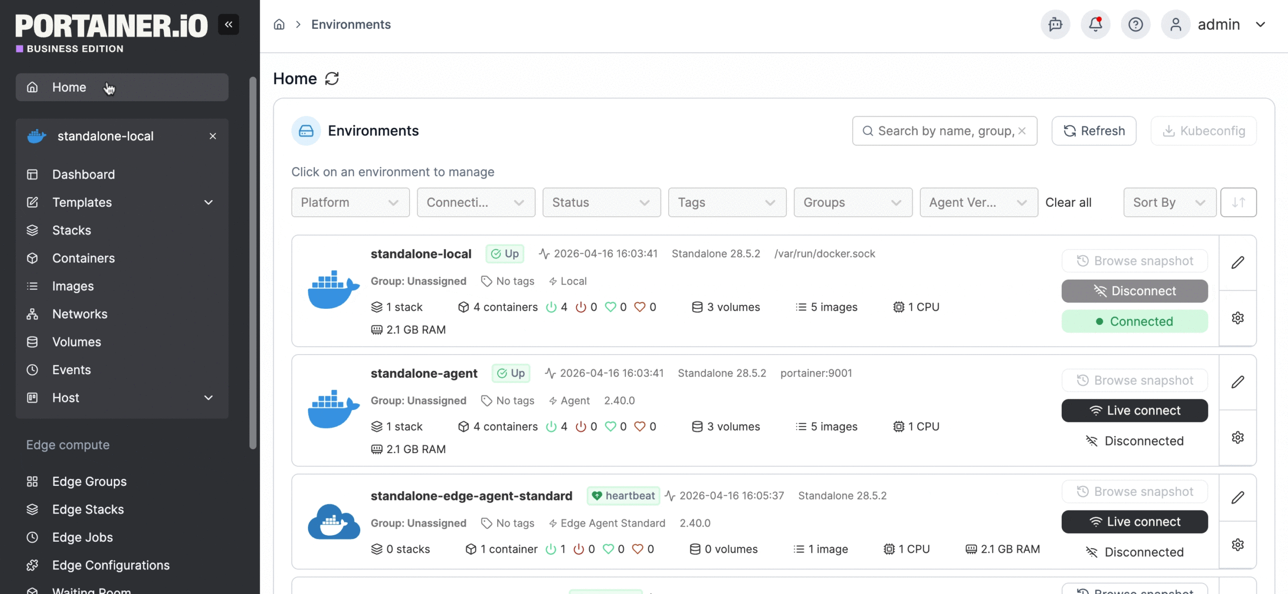 Portainer.io dashboard showing Stack Details with containers table, logs, stats, and management controls for Docker containers.