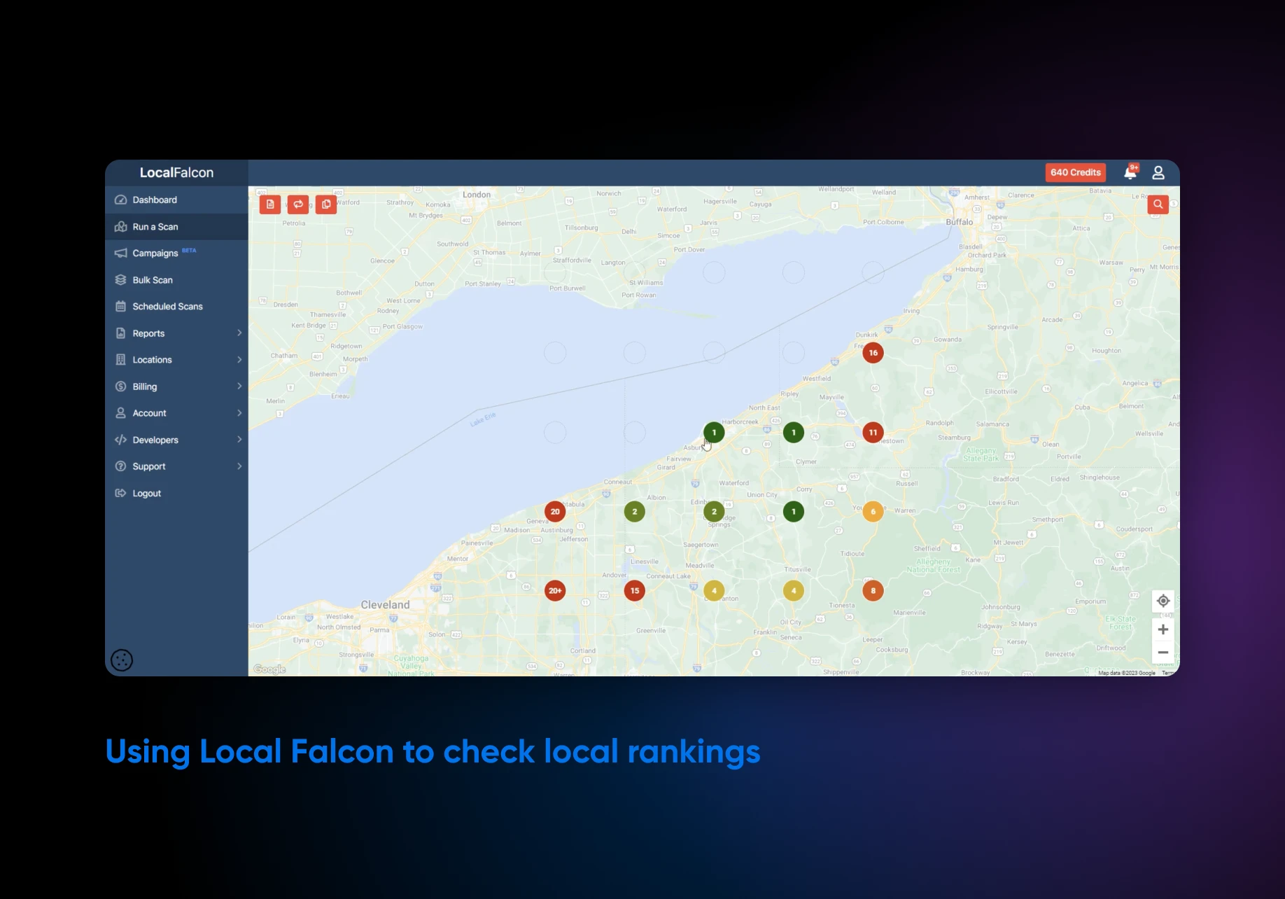 Local Falcon dashboard showing map with colored pins indicating local search ranking positions across different geographic areas.