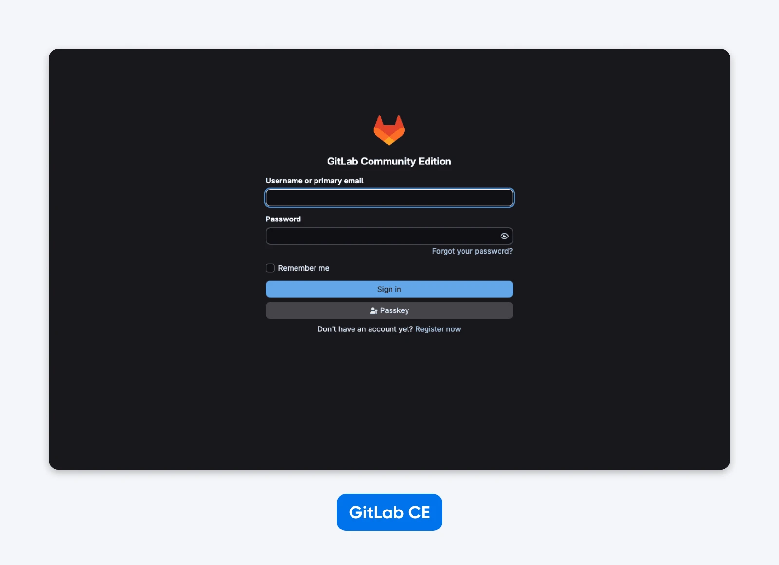 GitLab Community Edition login form with username, password, sign-in button, and account recovery option.