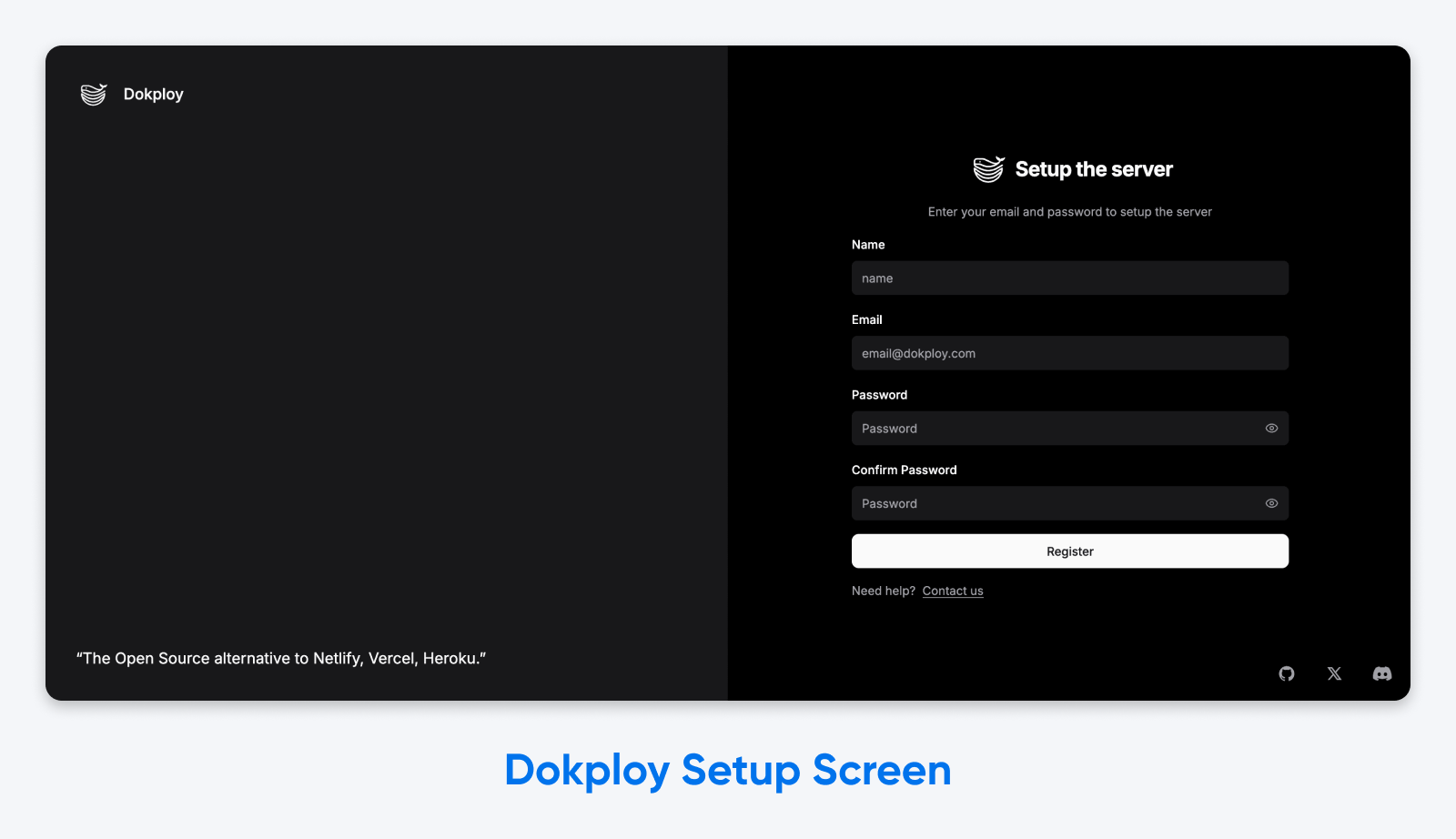 Dokploy setup form with email and password fields to configure your initial server access credentials.