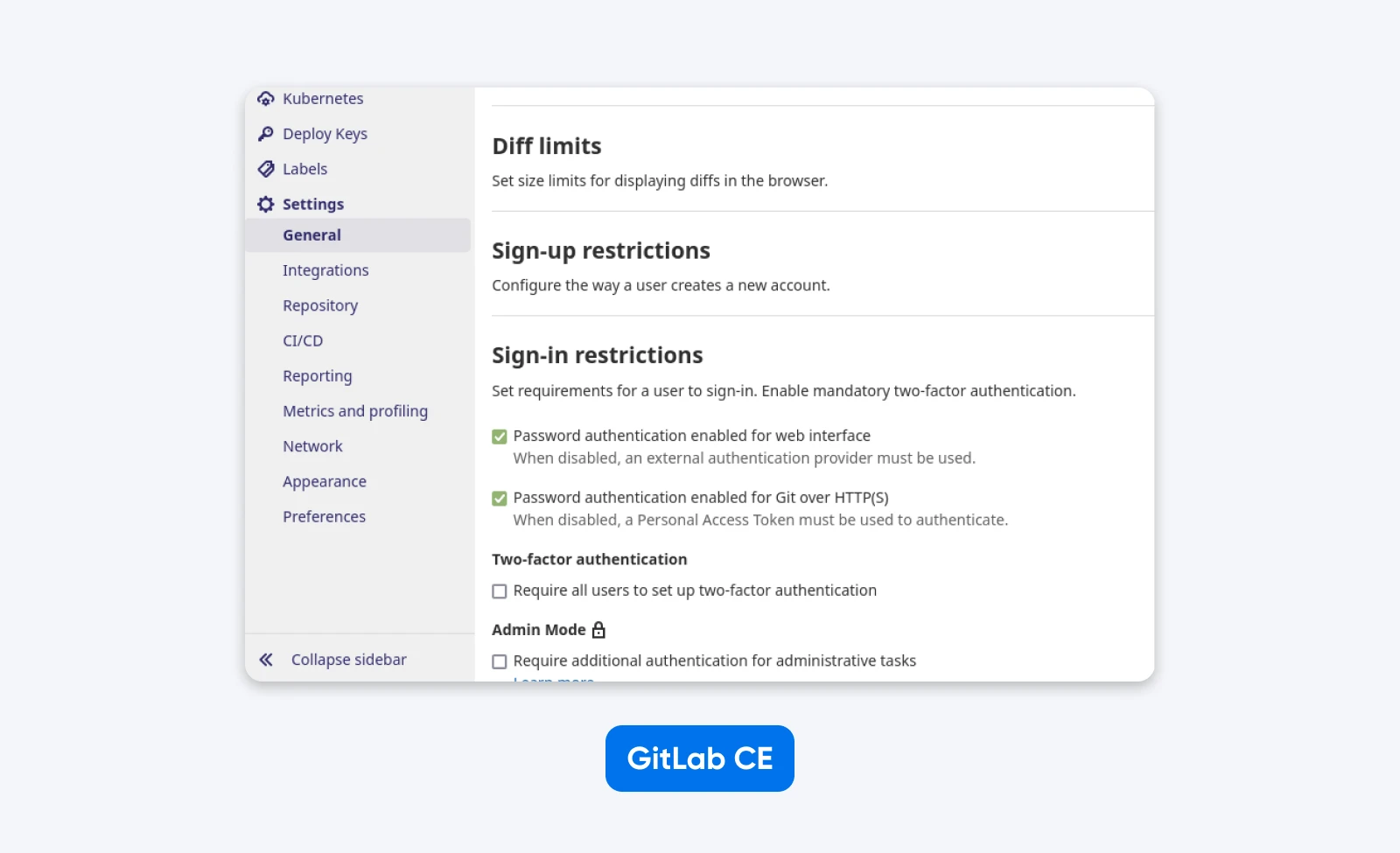 GitLab CE settings showing security options for diff limits, sign-up restrictions, and sign-in authentication methods.