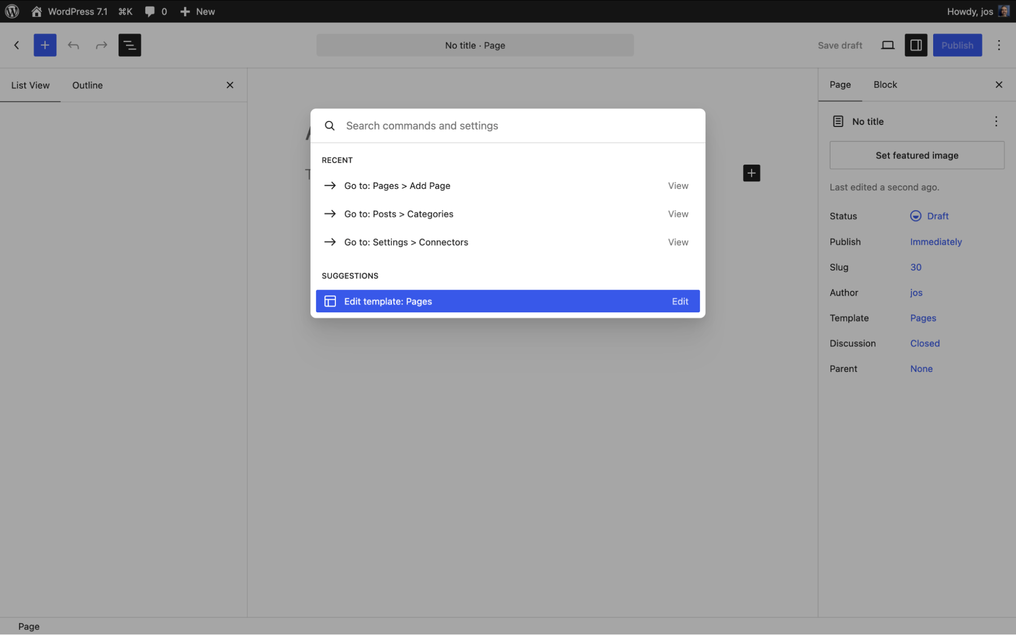 WordPress command palette search interface for rapidly navigating settings, pages, and customization options.