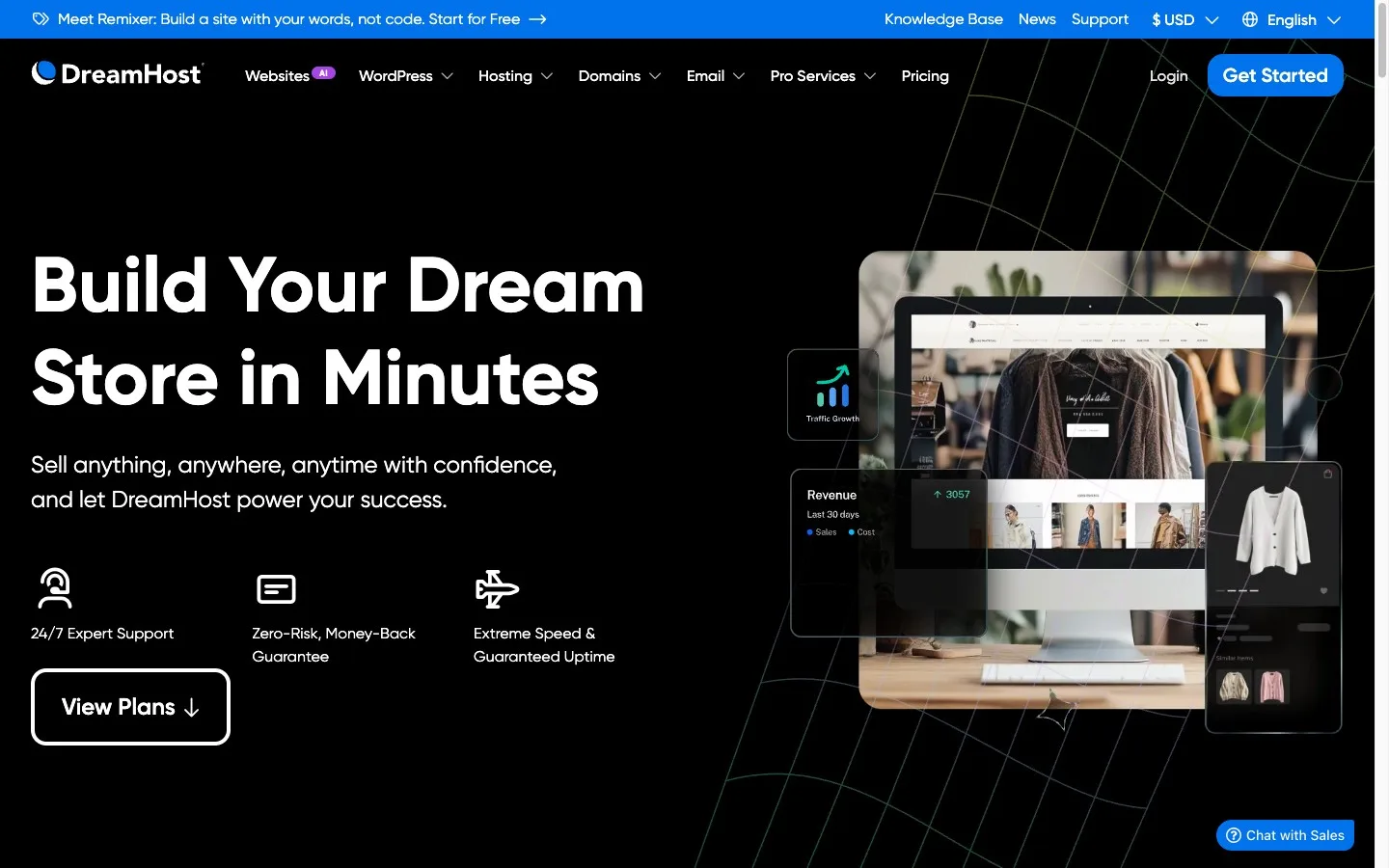 Screenshot of DreamHost's online store hosting page with the heading "Build Your Dream Store in Minutes"