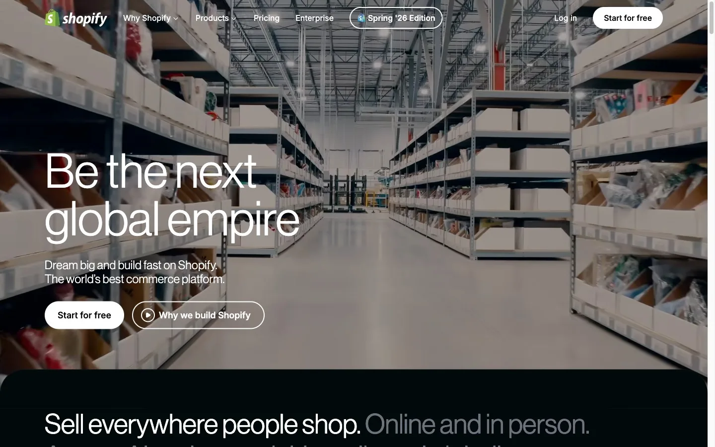 Screenshot of the Shopify homepage with the heading "Be the next global empire"