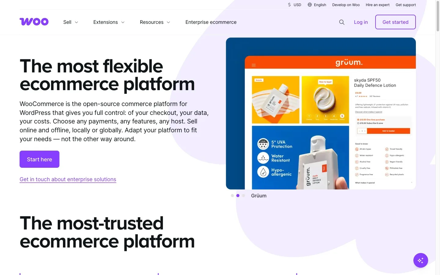 Screenshot of the WooCommerce homepage calling itself the most flexible ecommerce platform
