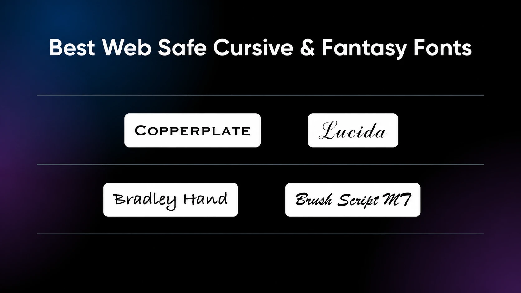 Infographic of best web safe cursive and fantasy fonts: Copperplate, Lucida, Bradley Hand, and Brush Script MT.