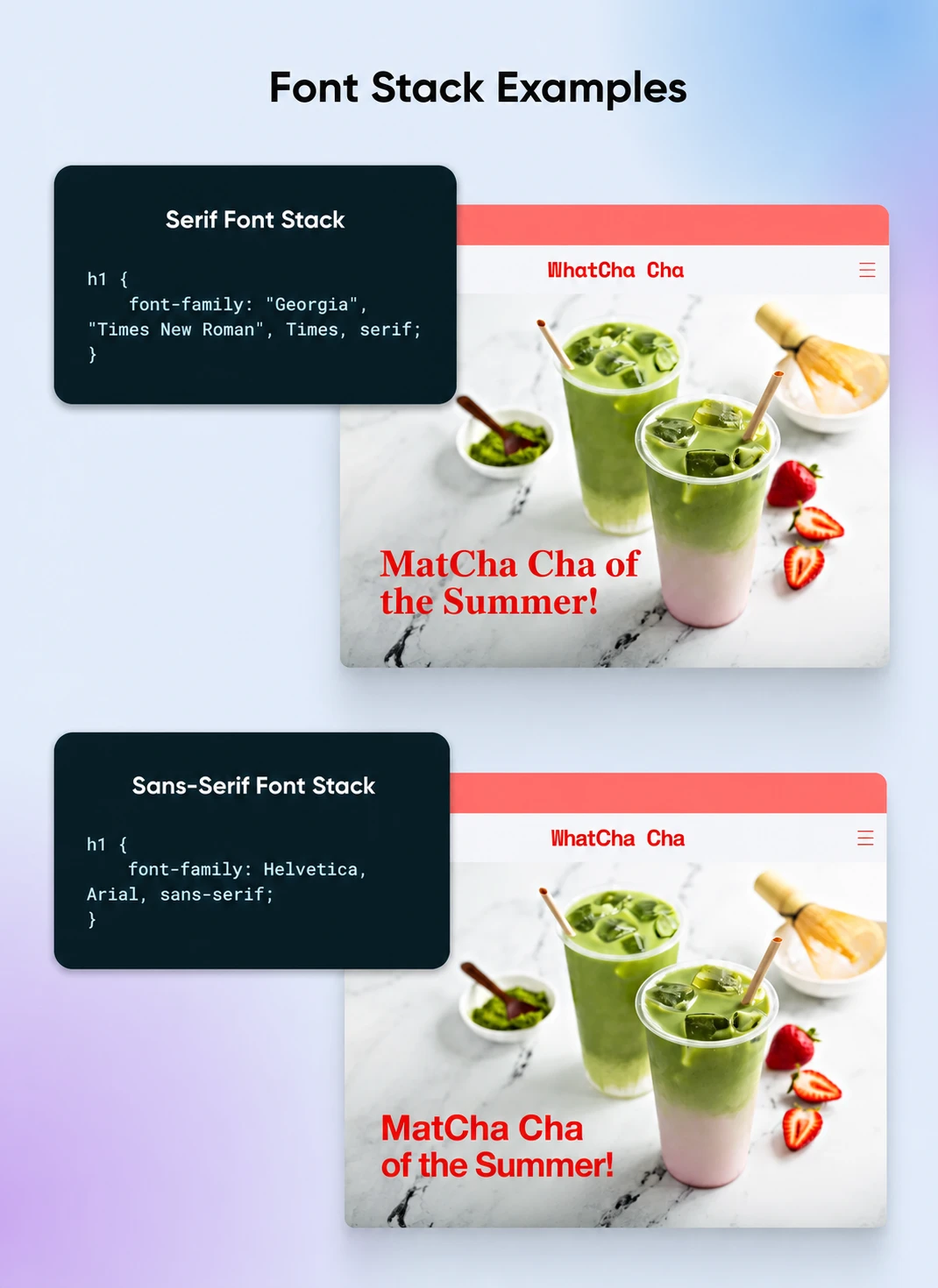 Code examples of serif and sans-serif font stacks next to images of matcha drinks