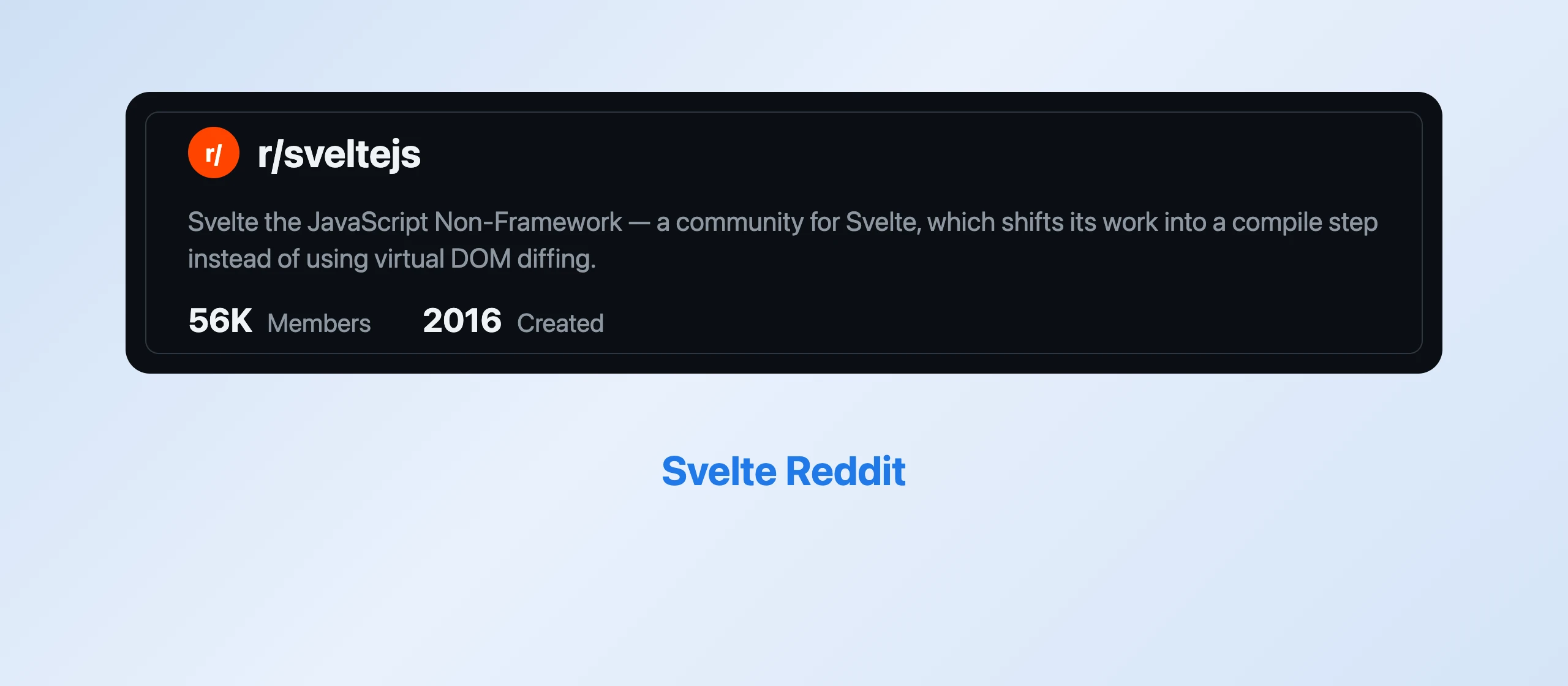 Stat card for the r/sveltejs subreddit showing 56K members as of August 2026