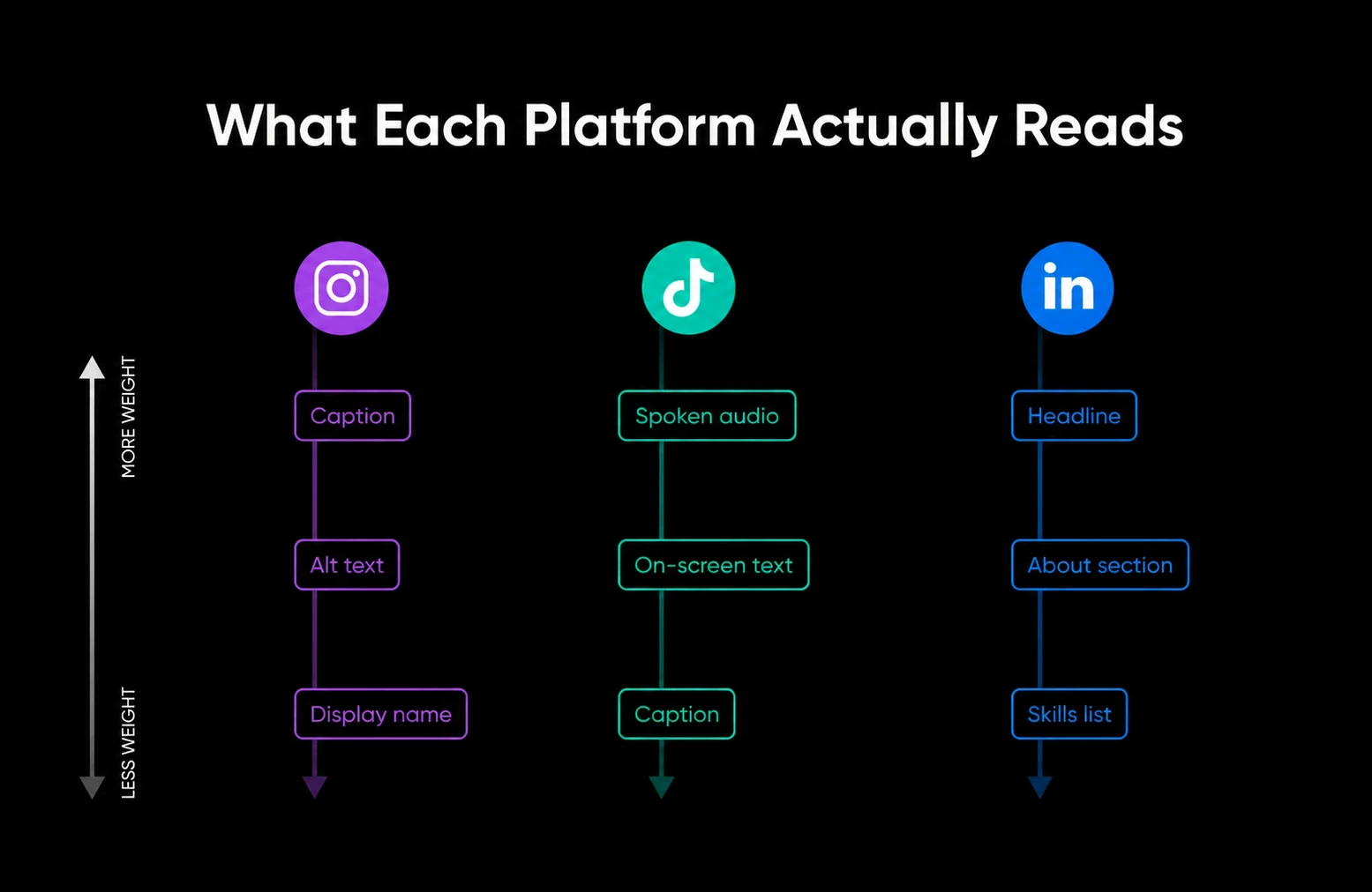 Platforms read different text fields: Instagram prioritizes captions, alt text, and display name; TikTok reads spoken audio, on-screen text, and captions; LinkedIn reads your headline, About section, and skills list.