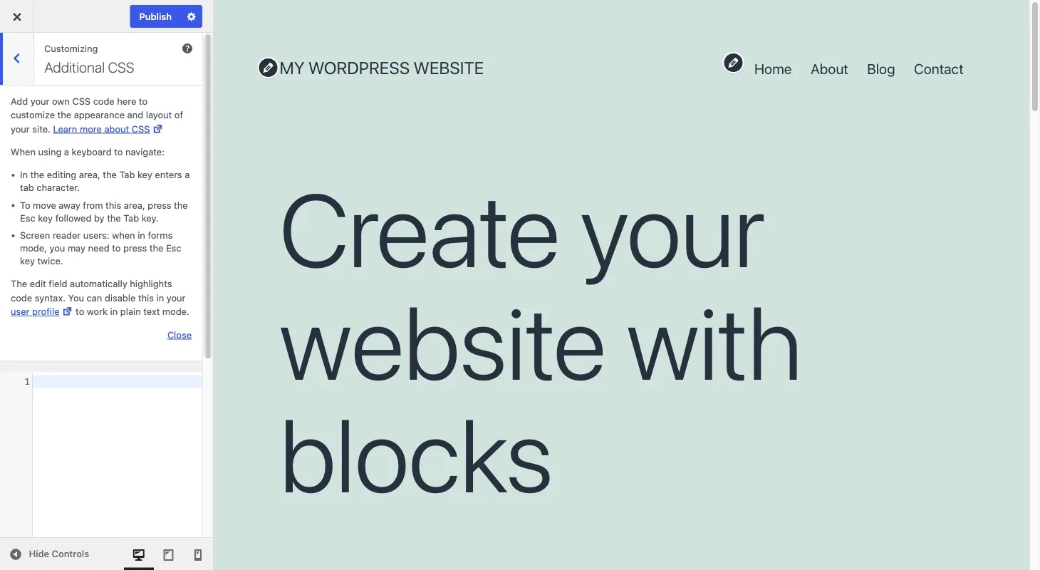 The Additional CSS section of the WordPress Customizer.