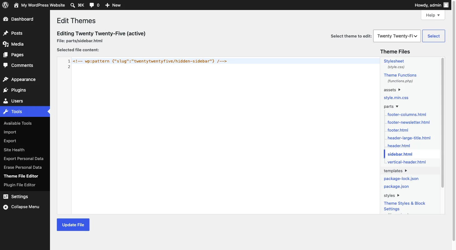 The parts folder expanded in the Theme File Editor, with the sidebar.html template part open.