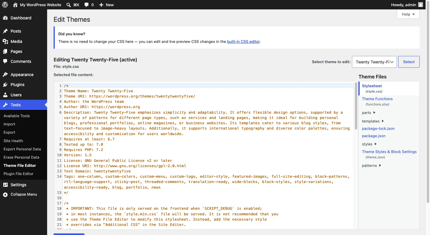 The Theme File Editor in the WordPress dashboard, editing the active theme.