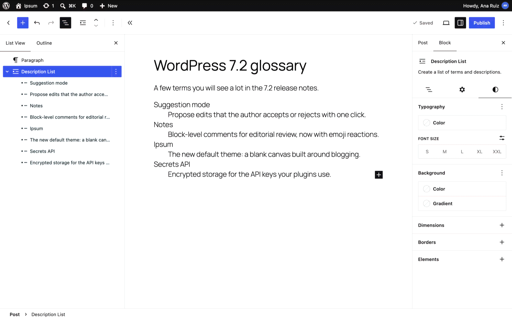 WordPress editor with a Description List block showing a WordPress 7.2 glossary of terms and indented descriptions