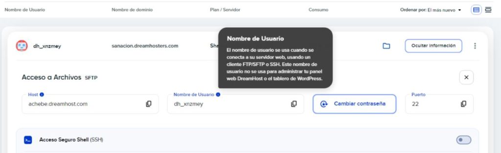 Nueva Configuración usuario FTP panel DreamHost