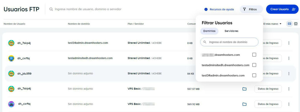 Nuevo filtro usuarios FTP panel DreamHost