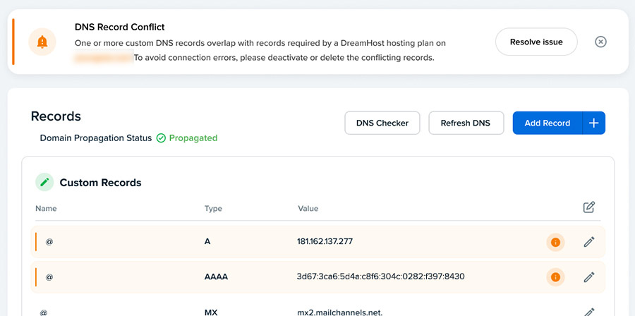DreamHost DNS Panel custom records on fully hosted domains
