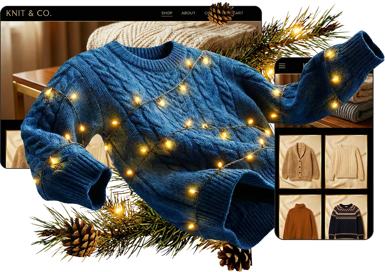 Blue knit sweater wrapped in warm fairy lights floating in front of desktop and mobile screens displaying a professional online fashion store.