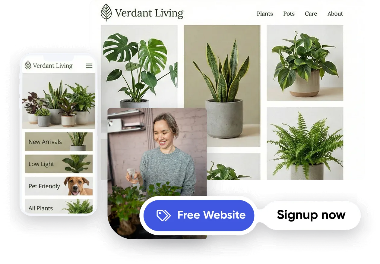 Desktop and mobile screens displaying a professional plant shop website called 'Verdant Living', overlaid with a smiling business owner and a 'Free Website' signup button.